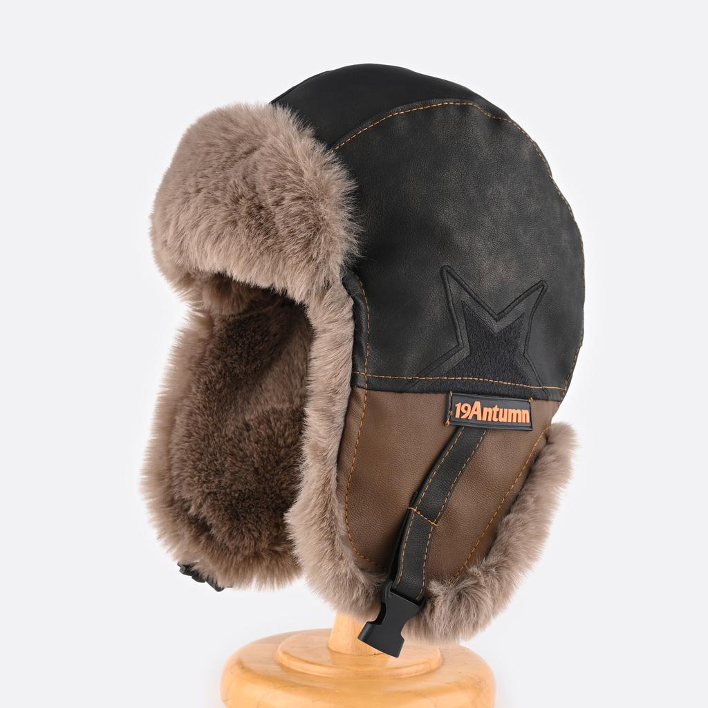 Leather Hat Men's and Women's Winter Velvet Thickened Warm Ear Protection Hat Outdoor Cycling Cold Snow Hat