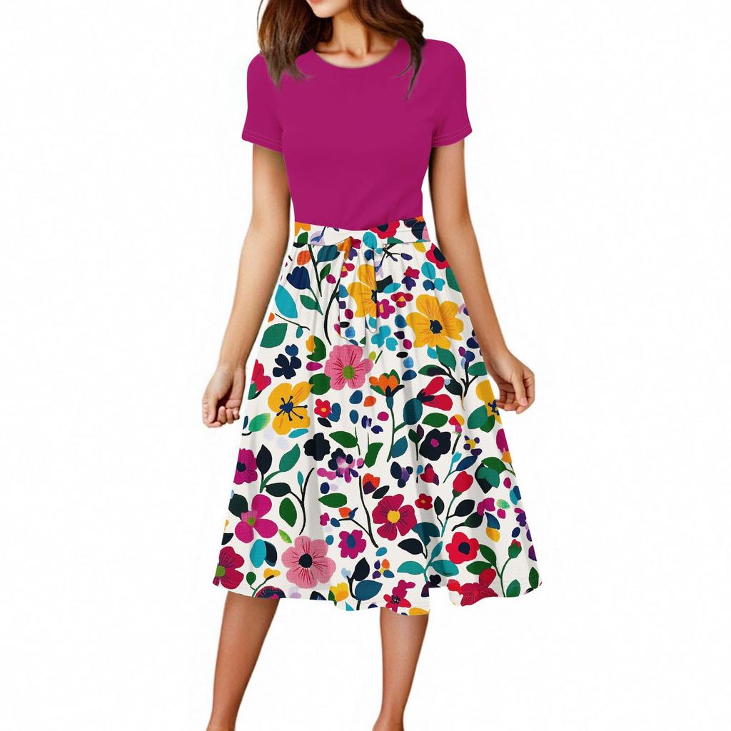 Women's Casual Fashion Belted Floral Printed Short Sleeve Round Neck Elegant Flowing Dress
