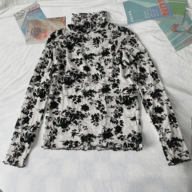 

Only One Batch of Export Sexy Inner Match Good Things European and American Internet Hot Flocking Mesh Exquisite Bottoming Shirt T-shirt Tops White turtleneck F