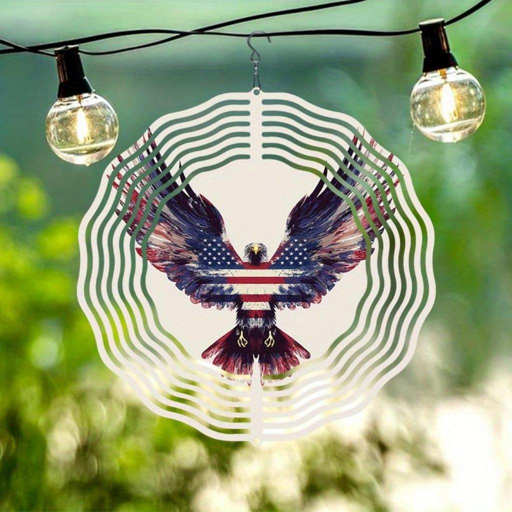 1pc Patriotic Eagle & American Flag Metal Mandala Wind Chime - 360° Rotating Hook, No Batteries Needed, Durable Outdoor Garden & Balcony Decor