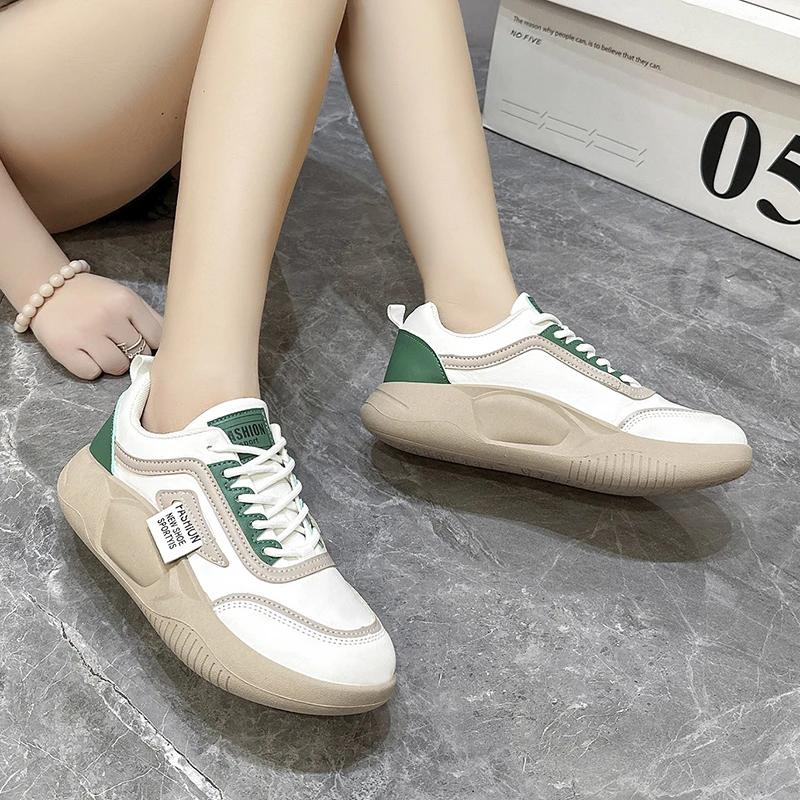 Spring Women's Vulcanized Shoes Sports Loafers Comfortable Walking Sneakers Ladies Thick Soled Lace-Up Smooth Casual Shoes