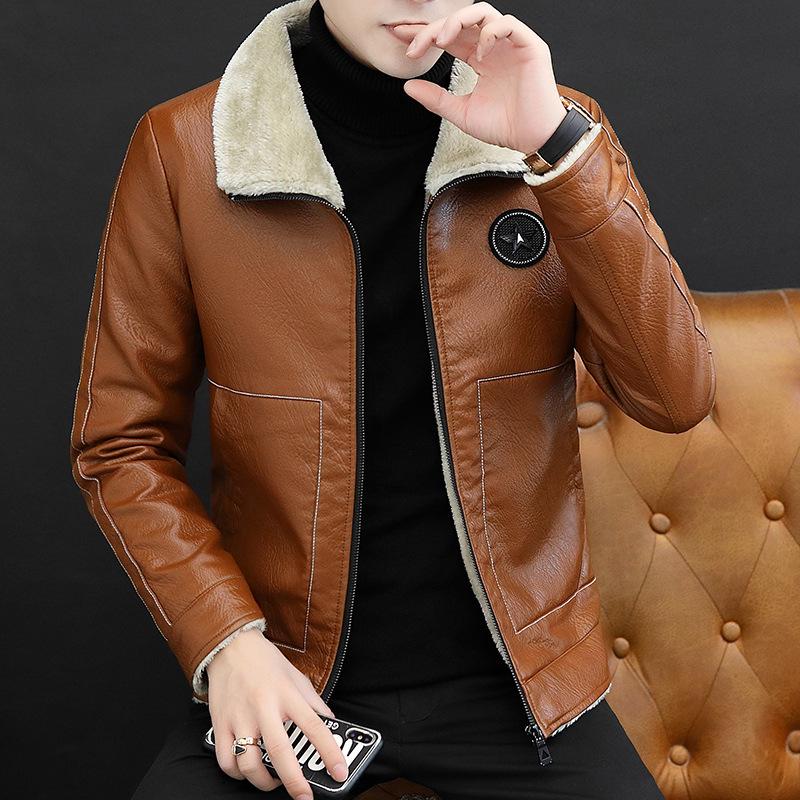 Men's 2025 Winter Korean Style Slim Fit Fleece-Lined Leather Jacket - Trendy Casual Coat