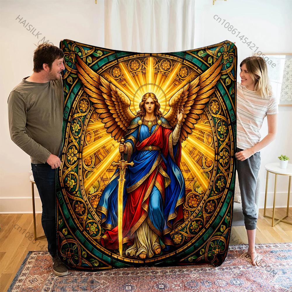 Stained glass angel with sword Print Blanket Warm Soft Fluffy Kids and Adult Sofa Bed Throw Blanket Outdoor Travel Camping RV