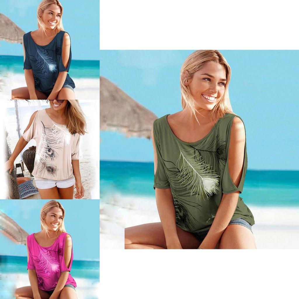 Summer Boho Women Cold Shoulder Feather Tshirt Blouse With Stylish Printing And Short Sleeve Design