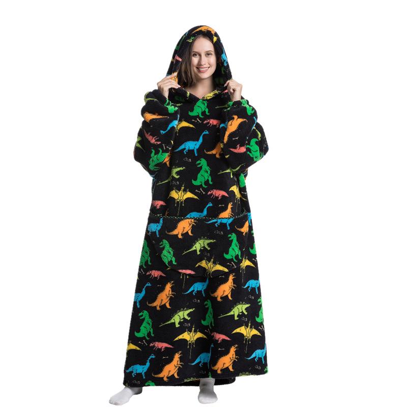 Zimní zateplený fleecový župan s kapucí pro ženy 140 cm oversized deka s rukávy Fleece zateplené mikiny Mikiny Obří TV deka Dámský župan s kapucí