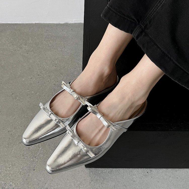 Fashion Cover Toe Mules For Women 2025 Ladies' Slippers Low Butterfly-Knot Pointed Summer Slides PU Butterfly-knot Synthetic Rubber Fabr