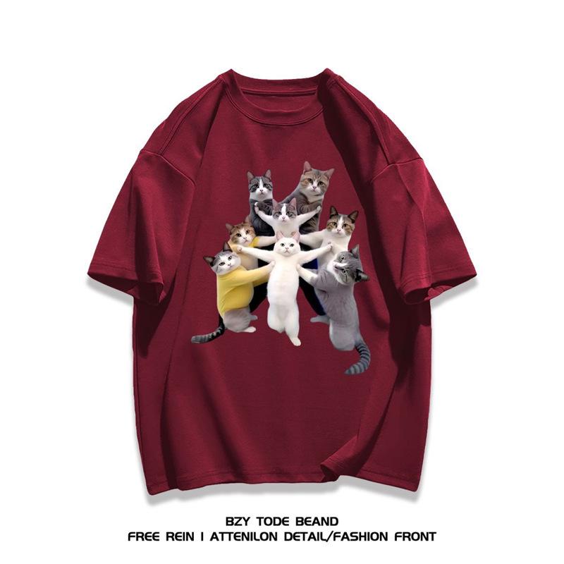 Korean Style Cat Print Cotton T-shirt - Trendy Loose Fit, Unisex Summer Casual