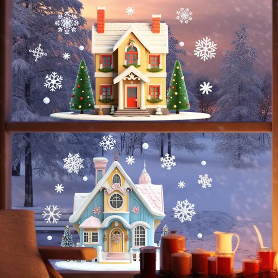 Christmas Double House Window Cling Removable Waterproof PVC Merry Christmas Winter Cabin Static Glass Sticker Holiday Party Decoration Decal