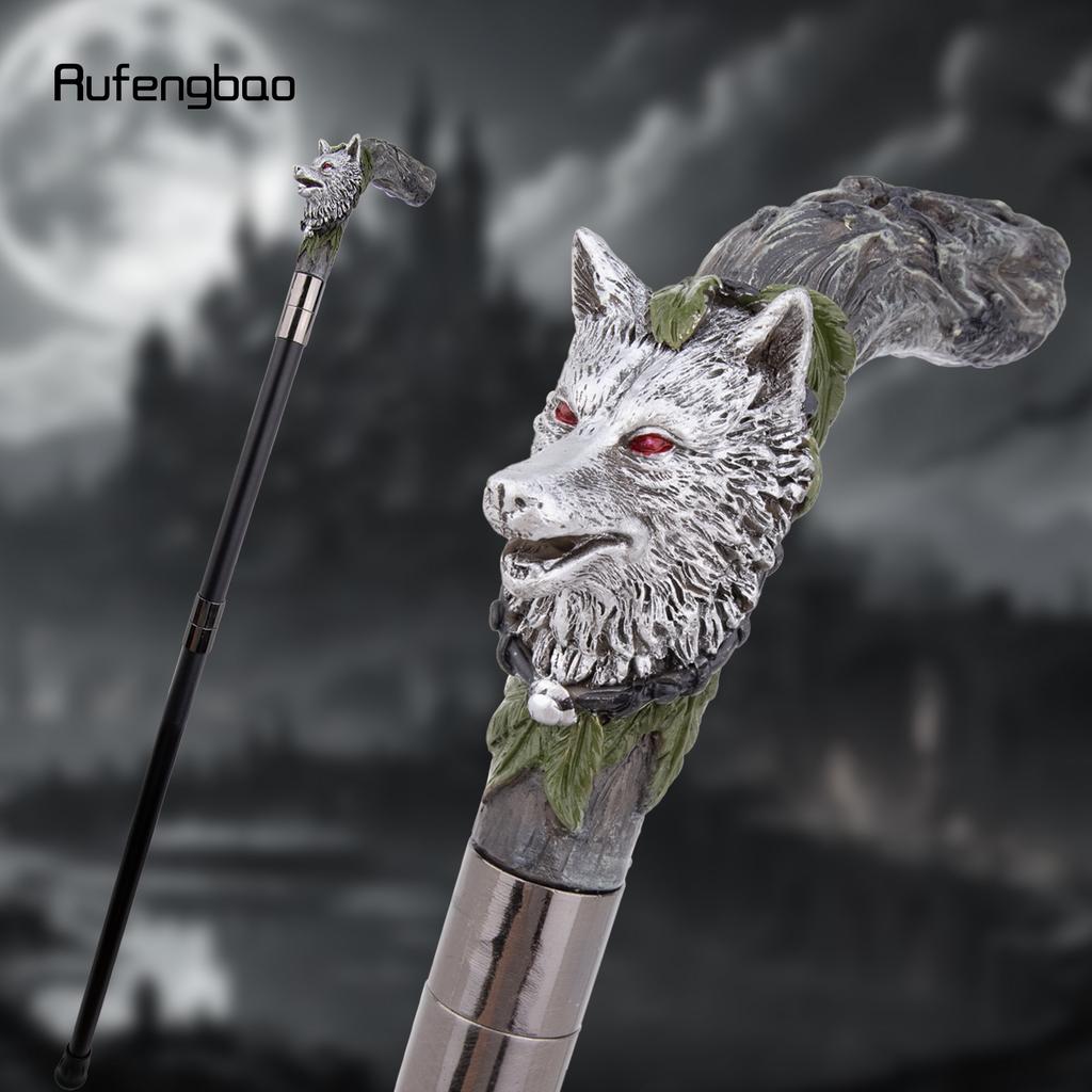 Silver Harts Varghuvud Trärot Gåkäpp Mode Dekorativ Stålstav Gentleman Elegant Cosplay Käpp Knopp Biskopsstav 93cm