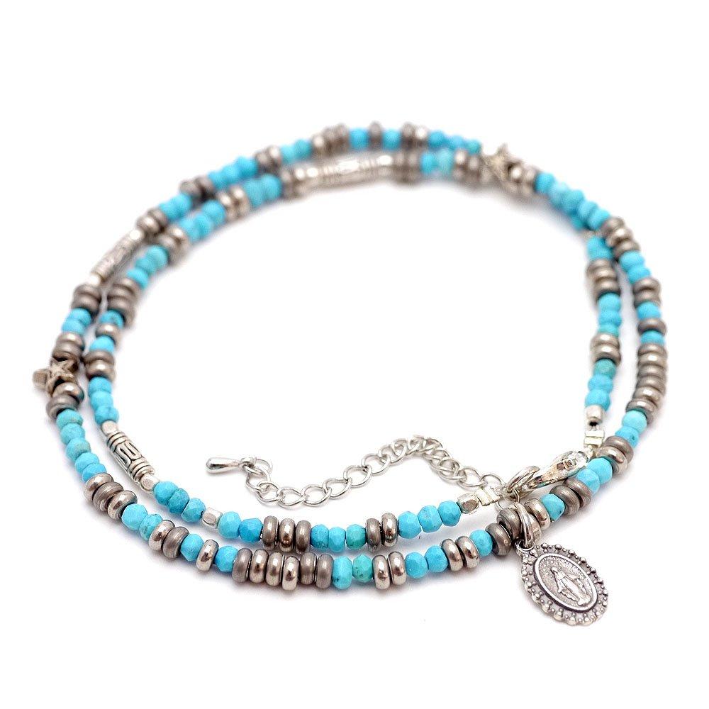 Silver One hi Sterling Silver 925 Miraculous Medal Virgin Mary Turquoise Bead Necklace for Men (Blue) [Width 4mm, Length 46cm]