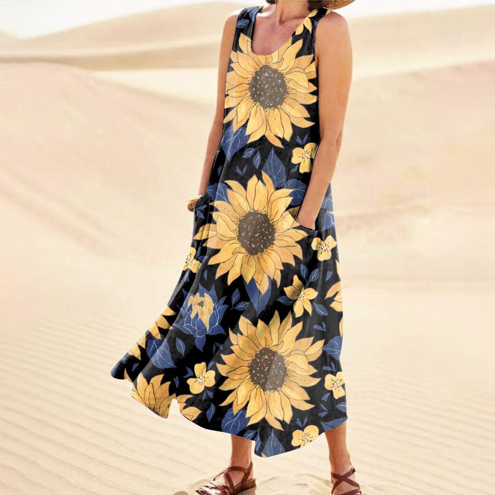 

Летнее платье для женщин, повседневное удобное хлопковое платье без рукавов с принтом и карманом XXXL жёлтый