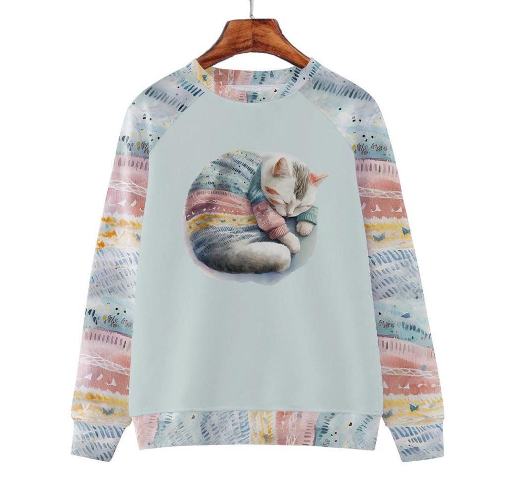 Women's Cross-Border Digital Print Raglan Round Neck Hoodie for Spring & Autumn