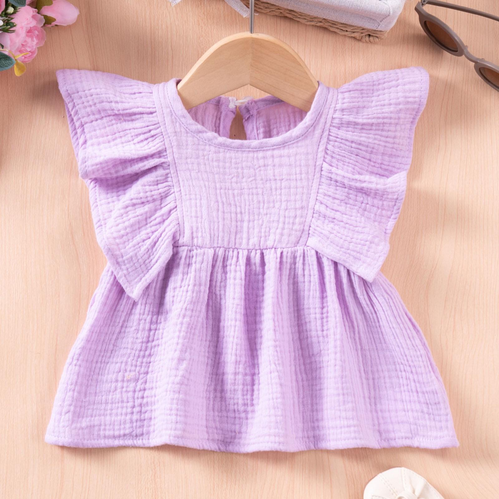 

Летняя детская футболка, милый пуловер, однотонный, для девочек, милая, маленькая, с рукавами-крылышками, повседневная рубашка 120