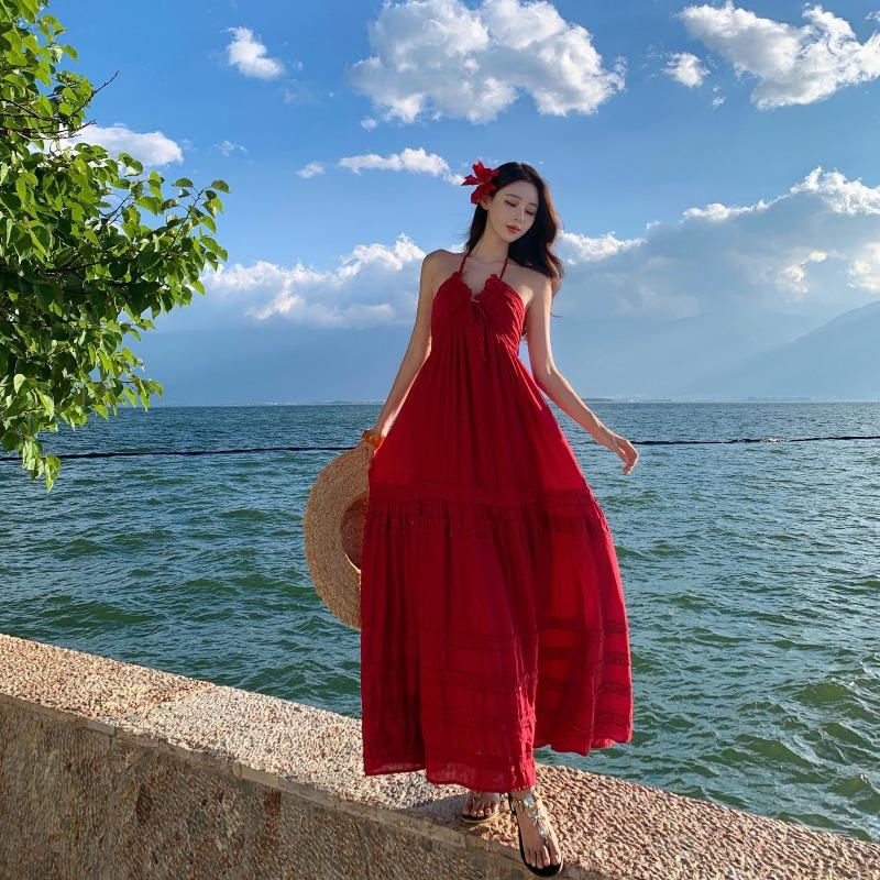 Tyrande Seaside Vacation Feeling Neck Suspender Dress Women's French Heavy Industry Sexy Backless Cake Dress
