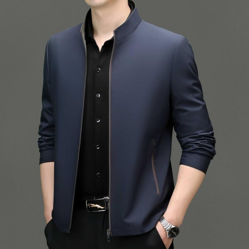New Mulberry Silk Men's Jacket Spring and Autumn Business Casual Young and Middle-aged Stand Collar Thin Jacket Leader Dad Wear