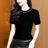 New Style, Versatile and Elegant Round Neck, Beaded Short-sleeved Velvet Inside and Outside Wearing T-shirt Base Shirt