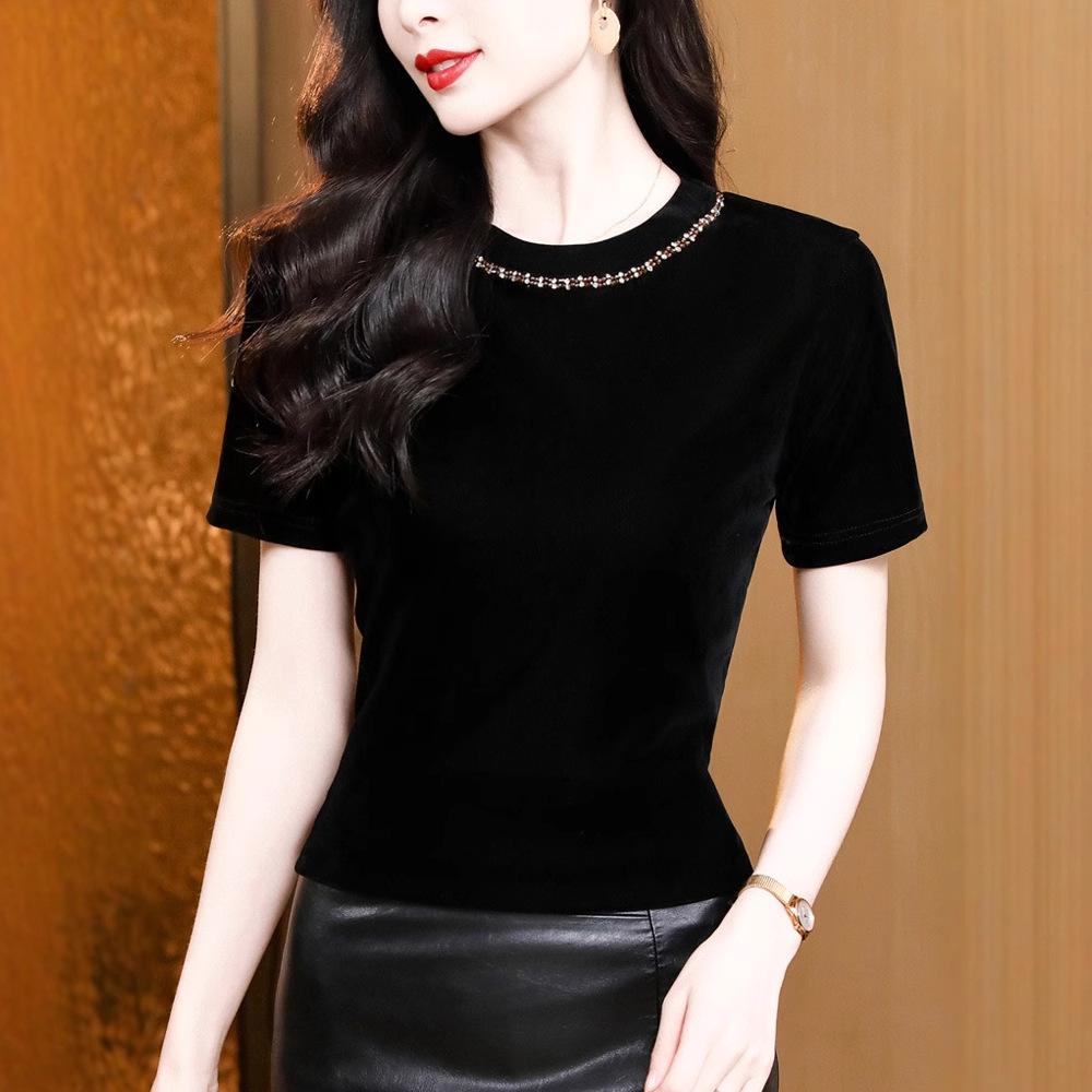 New Style, Versatile and Elegant Round Neck, Beaded Short-sleeved Velvet Inside and Outside Wearing T-shirt Base Shirt