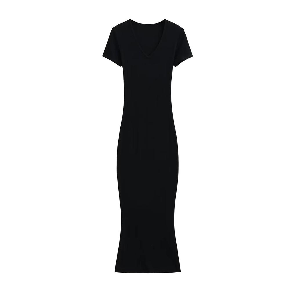 Chic V-neck Slim Fit Short-Sleeve Dress: European & American Style Summer Midi