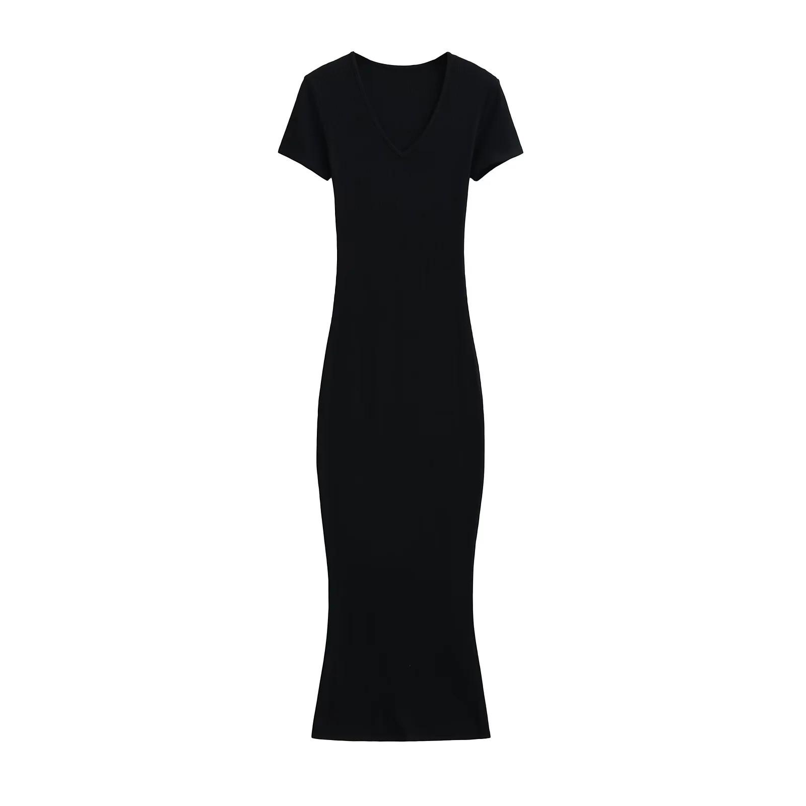 

Шикарное платье с V-образным вырезом, облегающего кроя, с короткими рукавами: Европейский и американский стиль летнее миди Medium чёрный