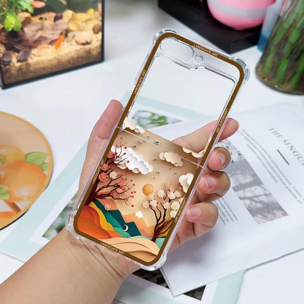 Capa Artística de Paisagem com Padrão 3D de Luxo para Samsung Galaxy Z Flip 6 5 Capa Cover para Samsung ZFlip4 Z Flip 3 Bolsa de Cobertura à Prova de Choque