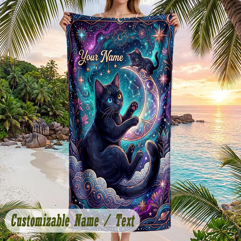 Starry Night Cat Dreamscape 1 Theme Quick Dry Beach Towel Custom Name Text Print Large Sand Resistant Towel Beach Vacation