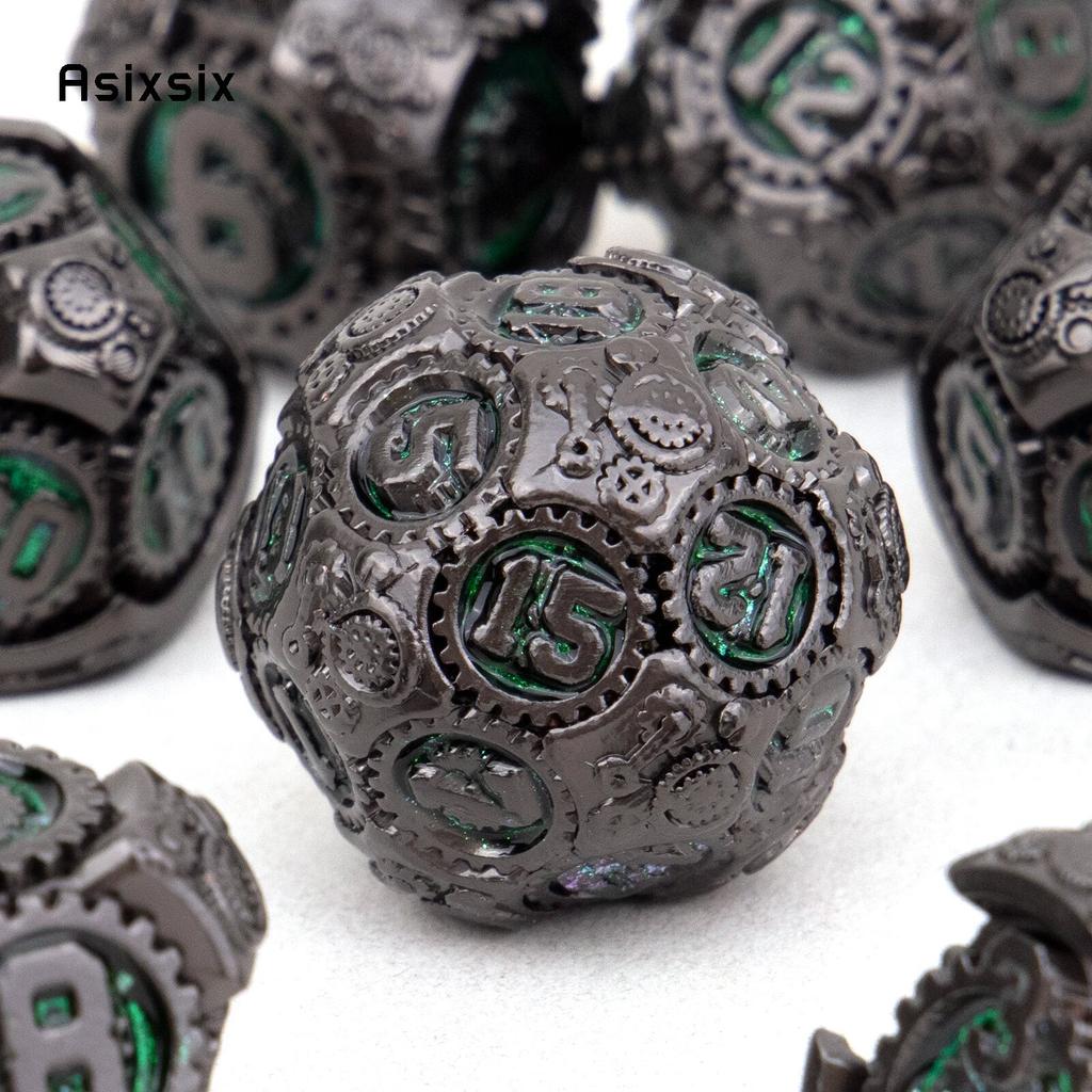 7 Pcs Green Black Gear Wheel Metal Dice Solid Metal Polyhedral Dice Set Suitable for Role-Playing RPG  Board Game Card Game
