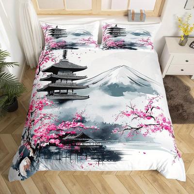 2/3pcs Japanese Fuji Mountain Bedding Set Pink Cherry Blossom Chureito Pagoda Bedding Duvet Cover Set Exotic Sakura Flower