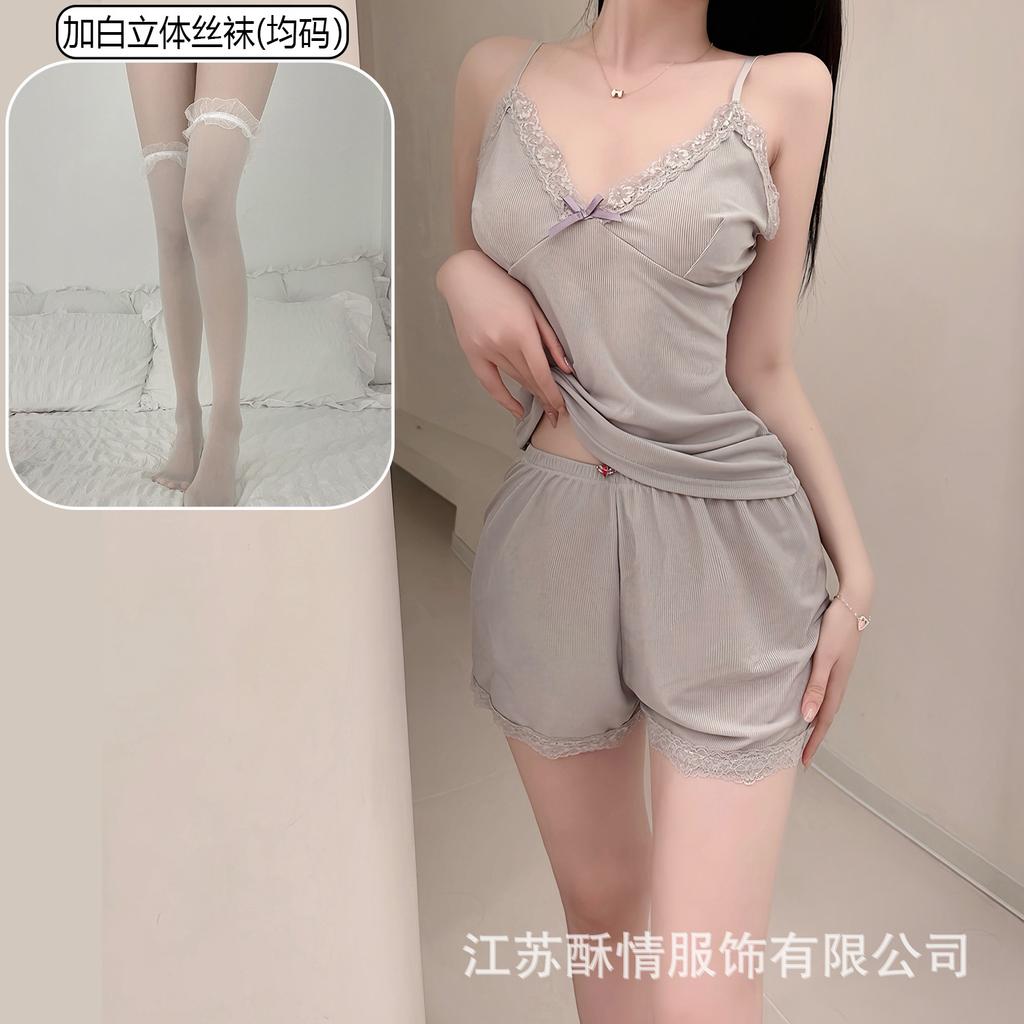 Pajamas summer Korean version simple casual cute suspender two-piece set casual comfortable shorts sexy