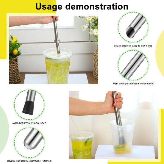 3Pcs/Set Straw Puncher Muddler Set Stainless Steel Straw Hole Puncher Kit Lemonade Stand Essentials Kit