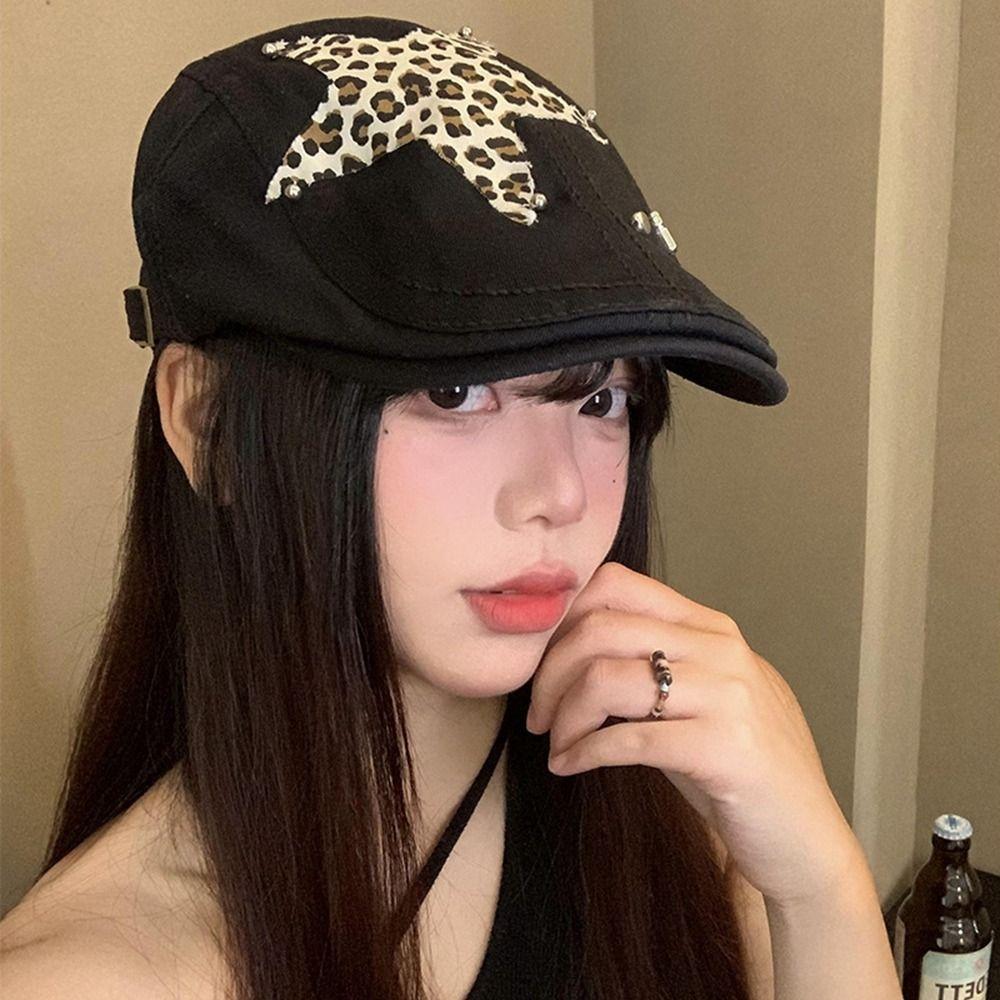 

British Painter Hat Leopard Print Peaked Cap Cute Star Leopard Beret Outdoor