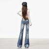 2026 Spring Women's High-Waisted Embroidered Micro-Flare Jeans In American Retro Blue.