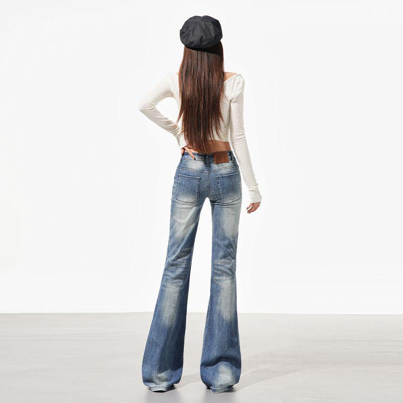 2026 Spring Women's High-Waisted Embroidered Micro-Flare Jeans In American Retro Blue.
