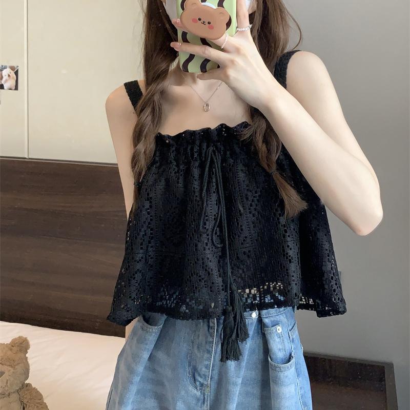 Female Summer Sweet Hook Flower Fungus Edge Tied Doll Lace Camisole Top