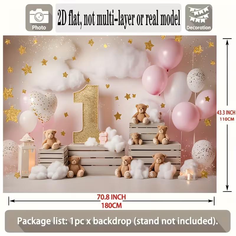 2D Pink 1st Birthday Backdrop with Teddy Bears & Stars for Baby Girl Photography Background