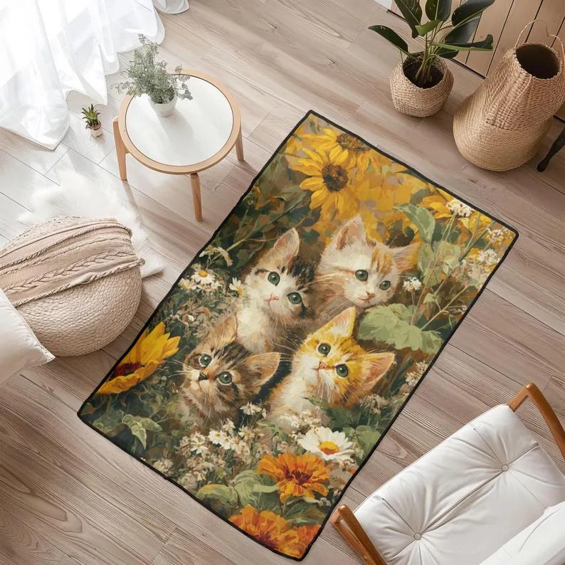 Black Cat Sunflower Rug Cute Feline Yellow Floral Carpet Design for Living Room Bedroom Nursery Pet Lovers Cozy Home Decor