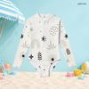 Girls Cream White High Neck Long Sleeve Front Zip Floral Printed One Piece Swimsuit