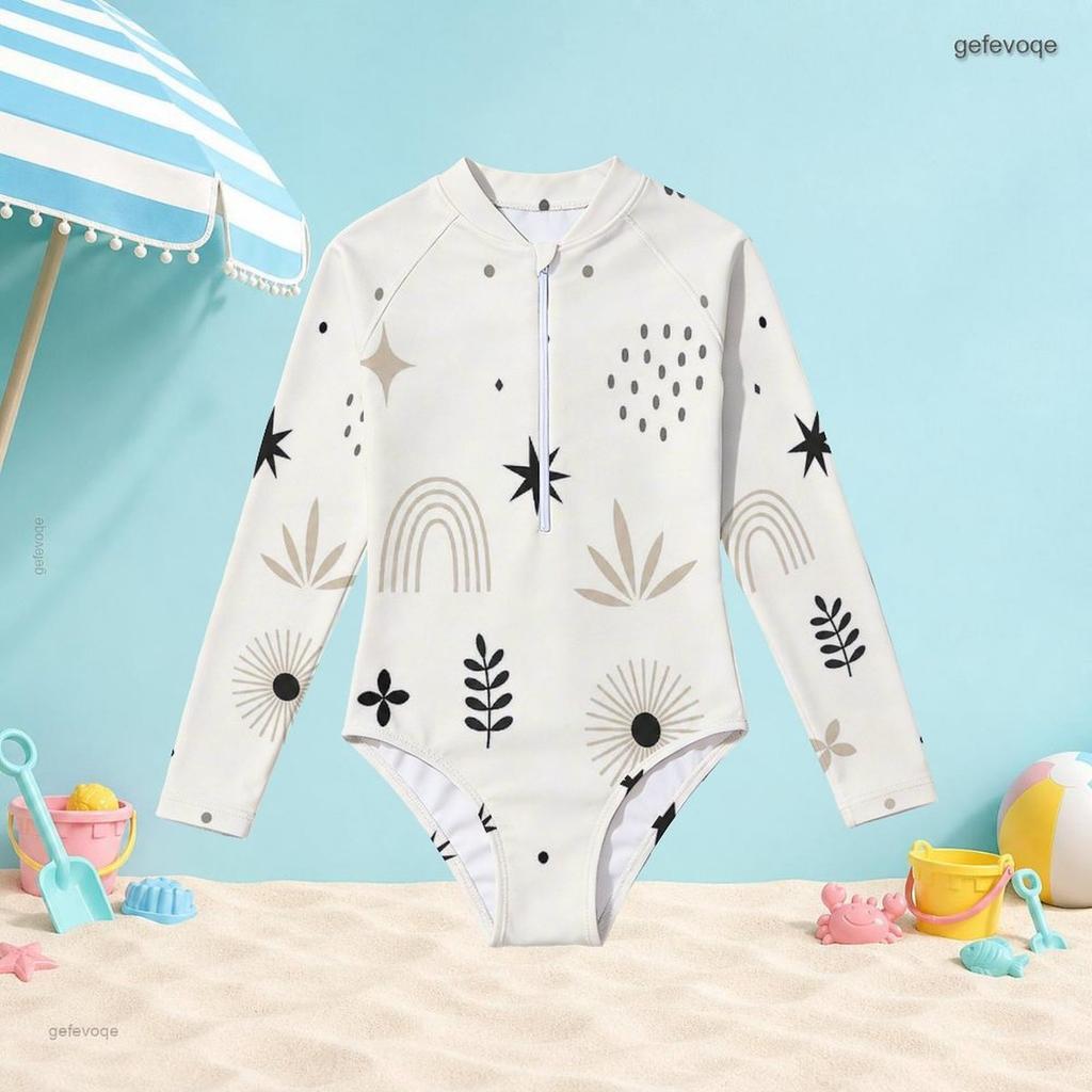 Girls Cream White High Neck Long Sleeve Front Zip Floral Printed One Piece Swimsuit