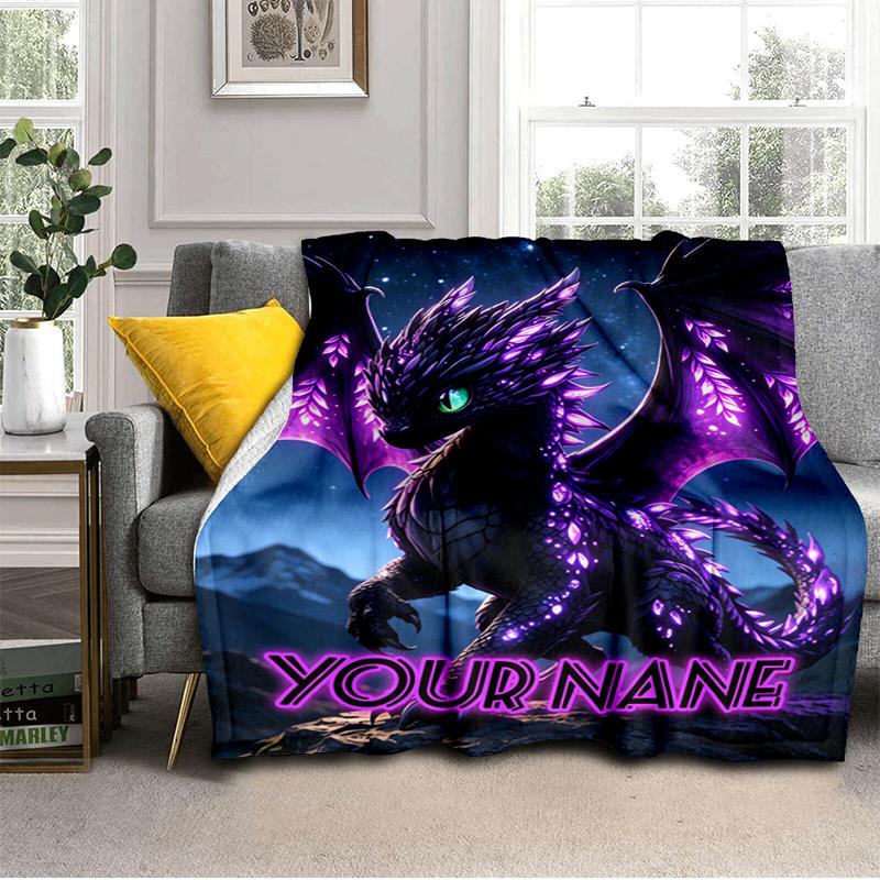 1PC Custom Name Purple Dragon Fantasy Art flannel blanket versatile,all-season throw suitable for the living room,bedroom,camping,travel,and gift