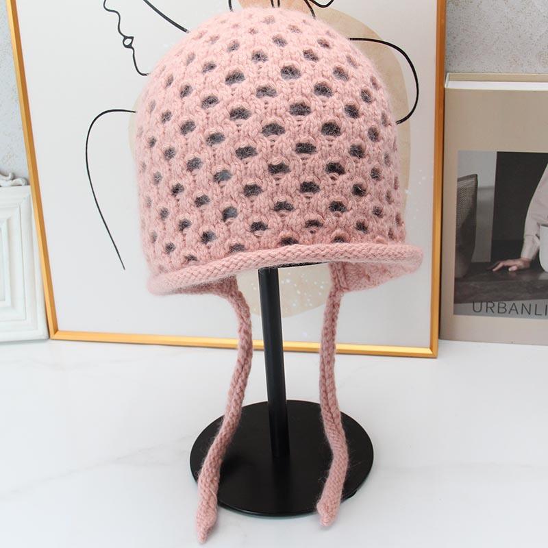 Hollow ear protector knitted hat women's autumn and winter lace-up headgear retro woven wool hat outdoor outing hat