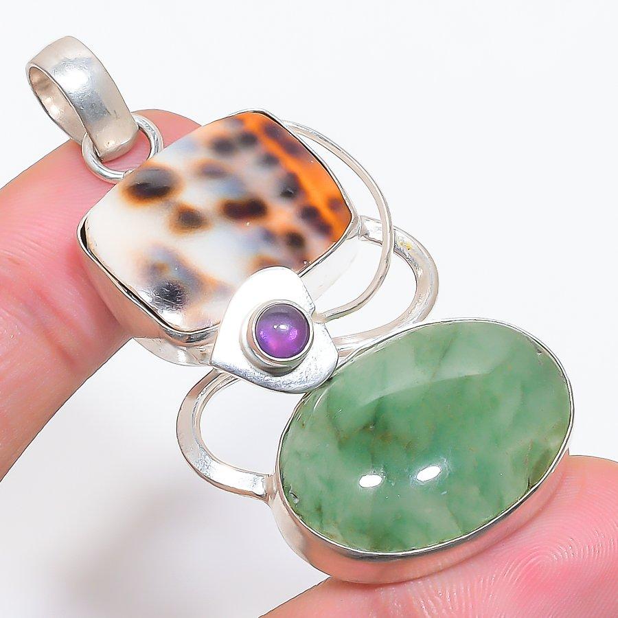 Natural Prehnite, Shell Gemstone 925 Sterling Silver Jewelry Pendant 2.29  AP-14070
