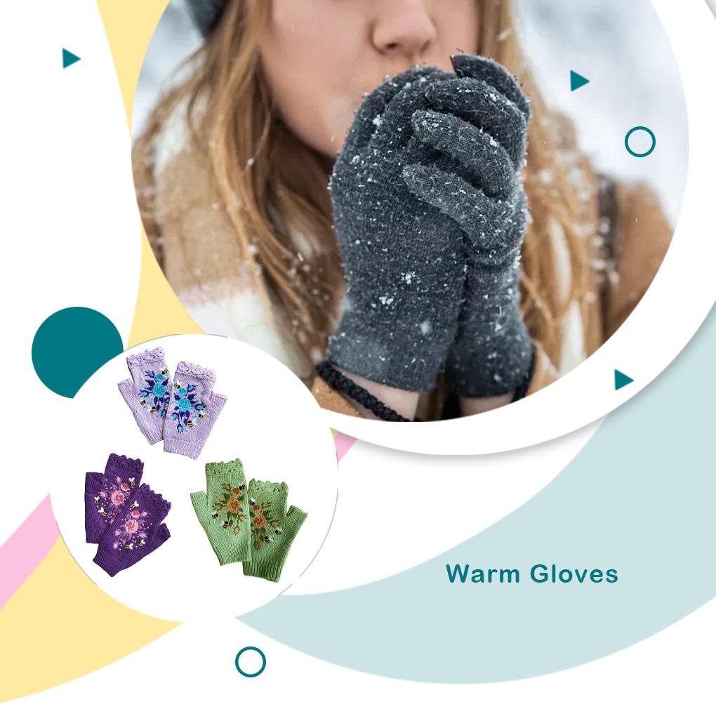 1 Pair Woman Embroidery Knitted Gloves Winter Autumn Skating Ski Riding Warm Thermal Crochet Flowers Mittens for Female