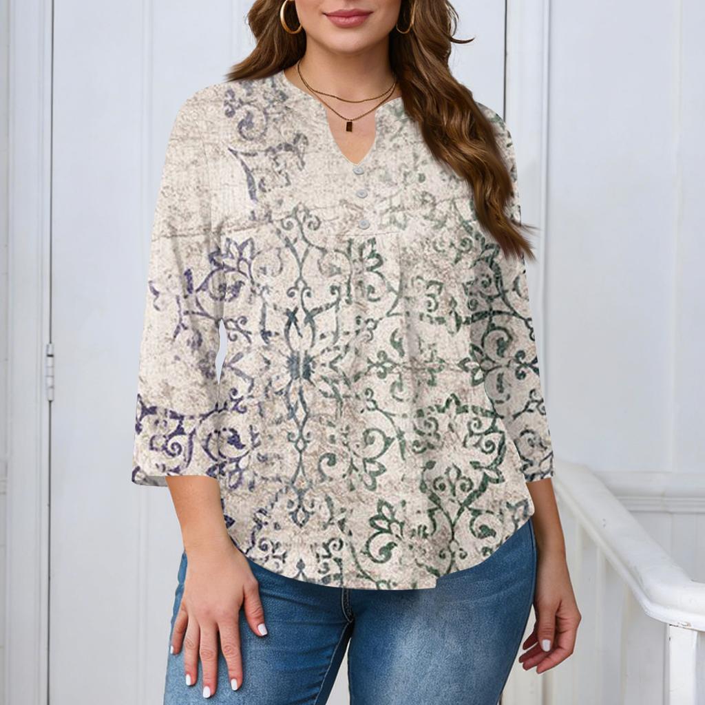 Women's Plus Size Fashionable Casual Loose Fit Three Quarter Sleeve Elegant Button Up V Neck Top