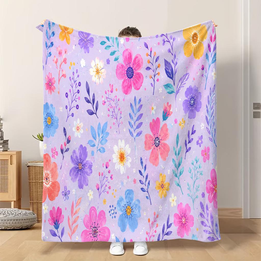 Fflannel Blanket 1pc Colored Floral Design Lavender Background Soft Comfortable and Warm This Nap Blanket/sofa Blanket Is Suitable