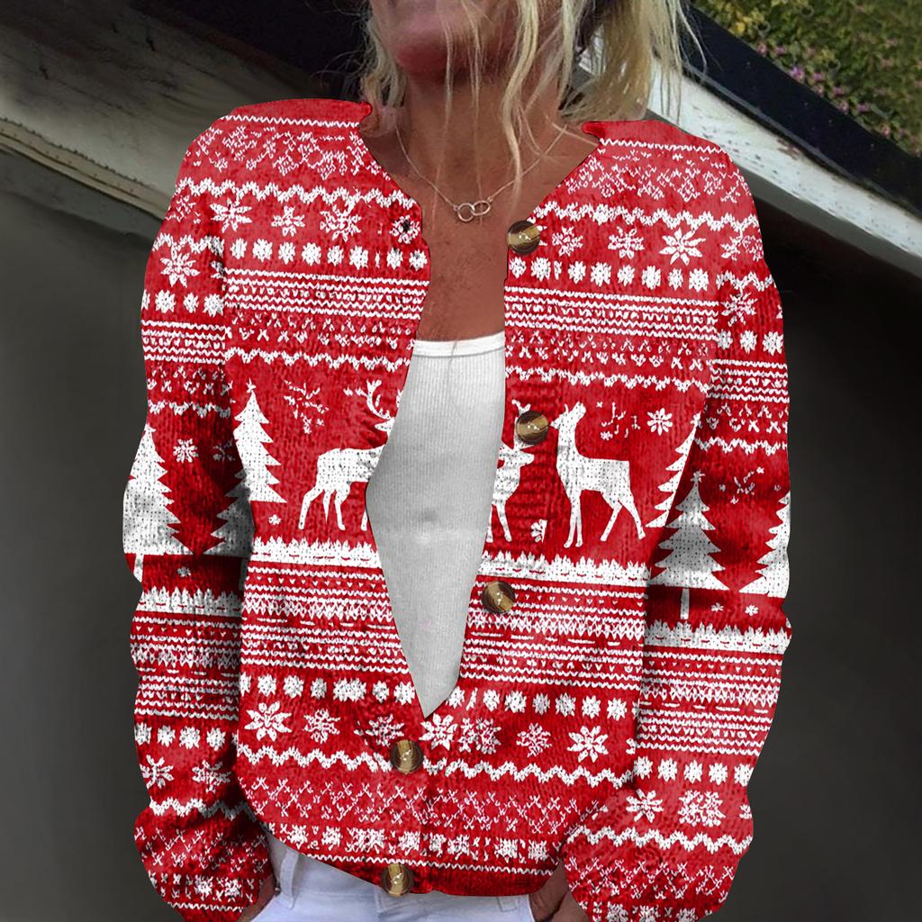 Women's Fashion Christmas Print Long Sleeve Knitted Cardigan Button Jacket