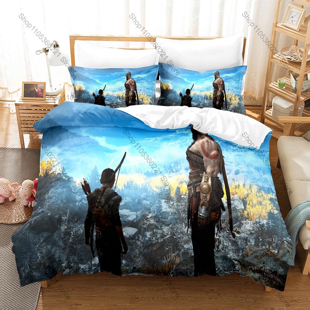 Grafika Wojownika Kratos i Atreus God Of War Ragnarok Przygoda w Dzikim Lesie Gra Walki Pościel Poszewka na Kołdrę + 2 Poszewki na Poduszki