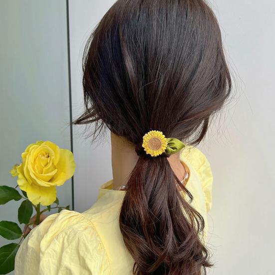 Women Hair Rope Realistic Sunflower Decor High Elasticity Elastic Band Pastoral Style Decorative Washable Ponytail Holder Large Intestine Hair