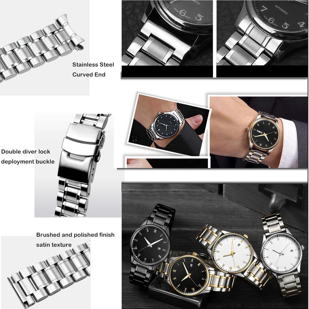 [Kai Tian] 20mm Metal Watch Band, Silver Gold Stainless Steel 3-Row Watch Band for Men and Women