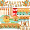 New Capybara Paper Plates Cups Tablecloth Capybara Birthday Decorations Kids Party Supplies Foil Number Balloons Kit Cake Topper