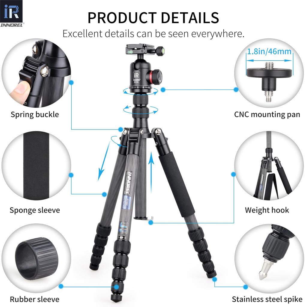 INNOREL Carbon Fiber Small to Medium 12kg Load Adjustable Tube Diameter Center Ball Head with Low Center of Nut for Digital Fireworks Outdoor Bag