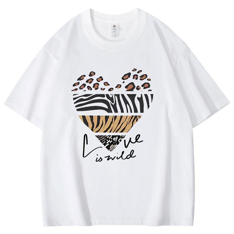 Leopard Print Tiger Skin Heart Pattern Unisex Women Cotton Tshirt Love In Wild Print Retro Designed Unisex Tee Loose Graffiti Top